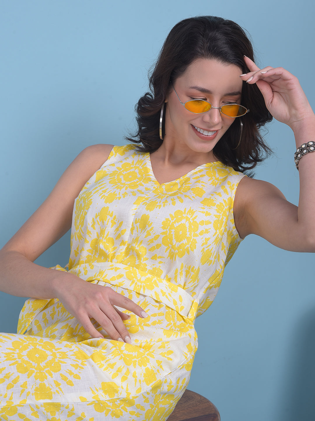 Printed Yellow Linen Jumpsuit-Women Jumpsuits-Crimsoune Club