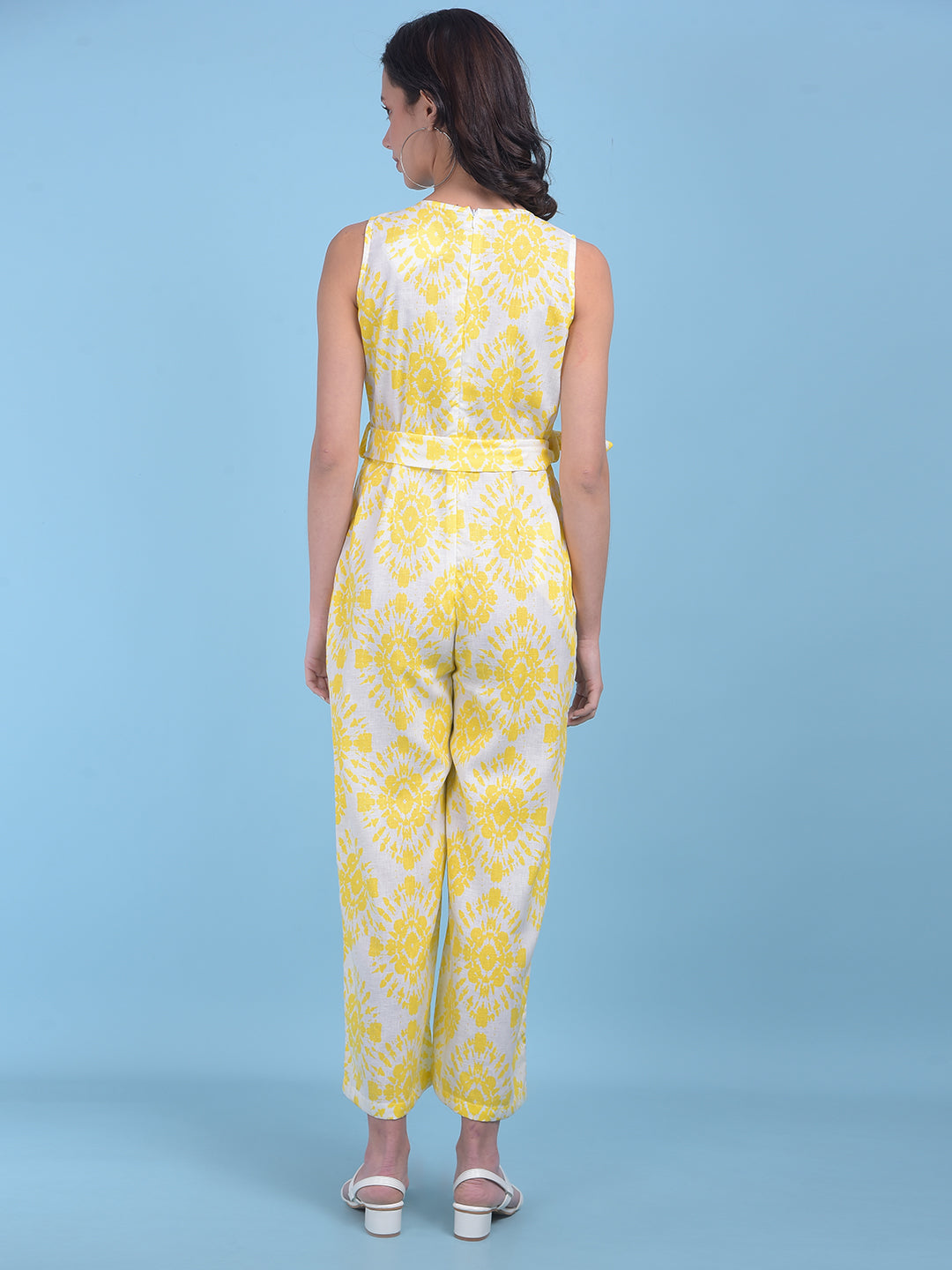 Printed Yellow Linen Jumpsuit-Women Jumpsuits-Crimsoune Club