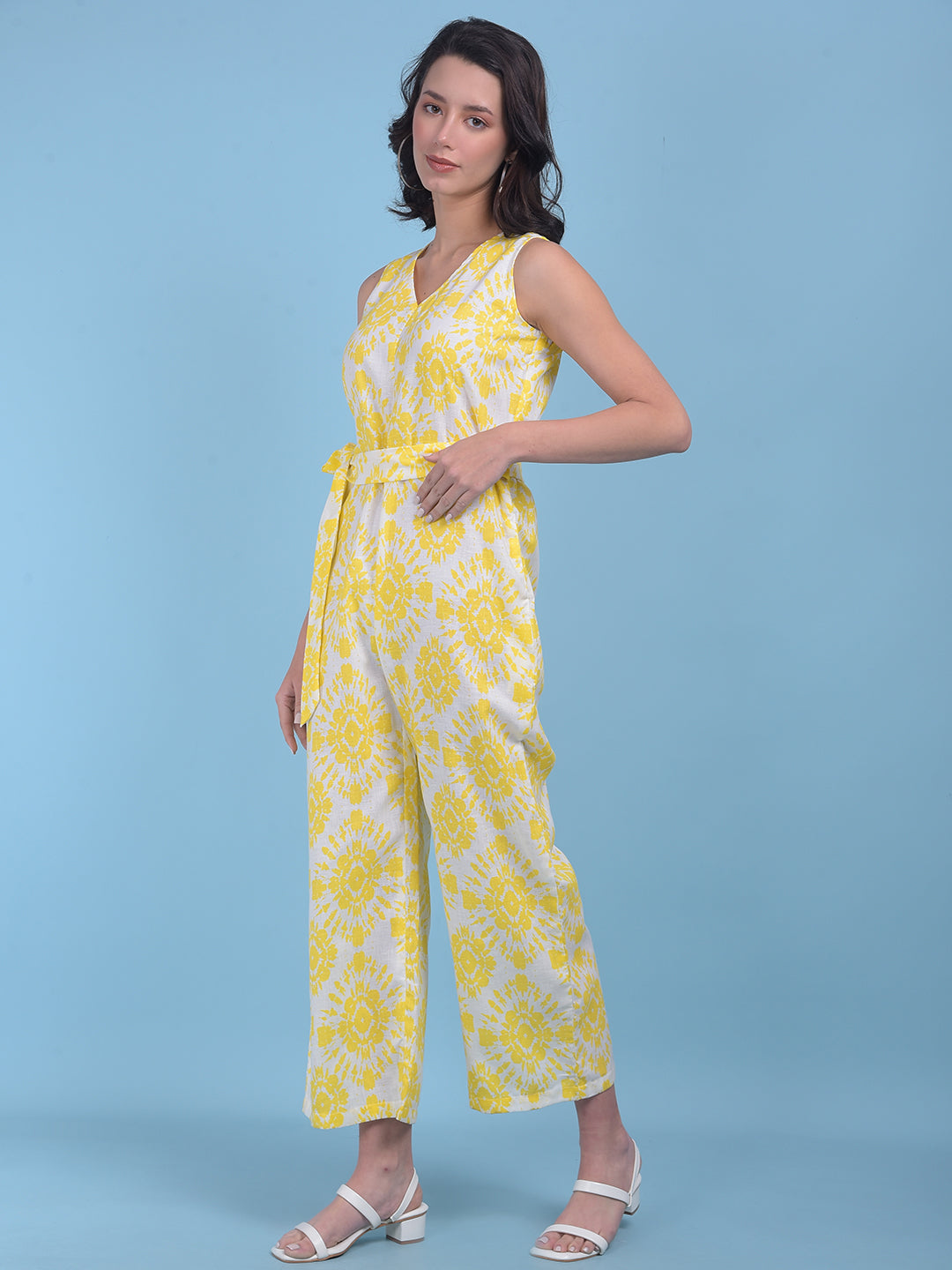 Printed Yellow Linen Jumpsuit-Women Jumpsuits-Crimsoune Club