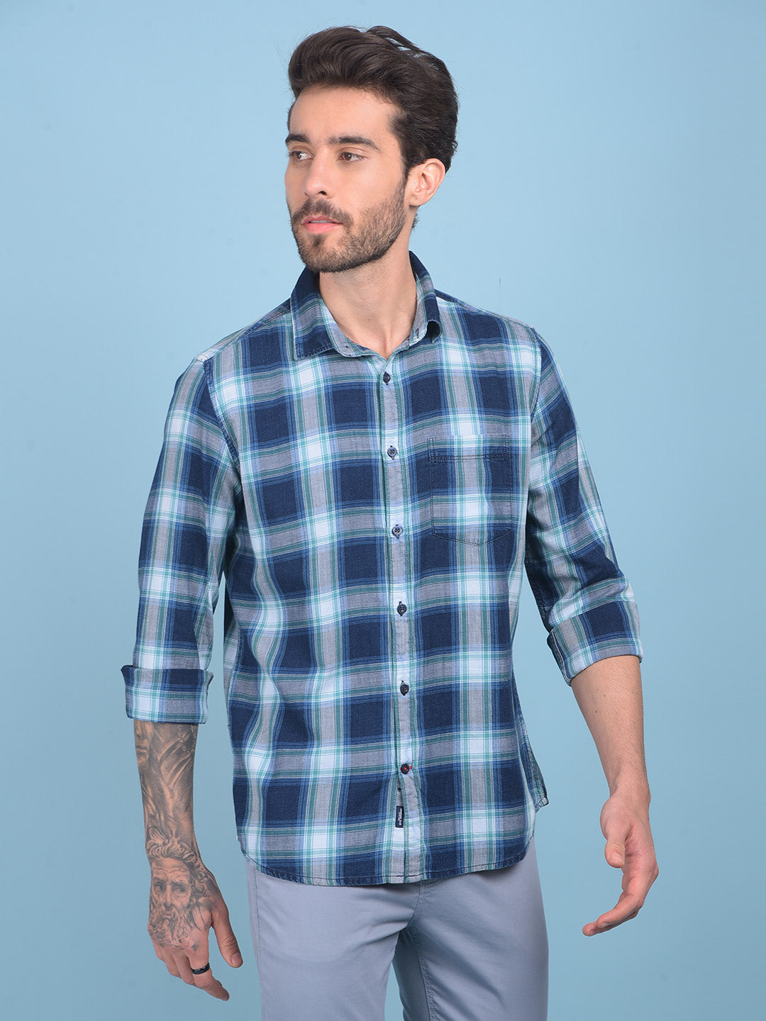 Blue Tartan Check 100% Cotton Shirt-Men Shirts-Crimsoune Club