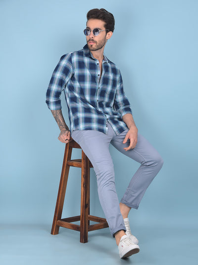 Blue Tartan Check 100% Cotton Shirt-Men Shirts-Crimsoune Club