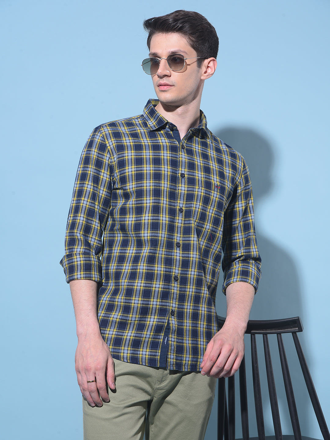 Navy Blue Tartan Check 100% Cotton Shirt-Men Shirts-Crimsoune Club