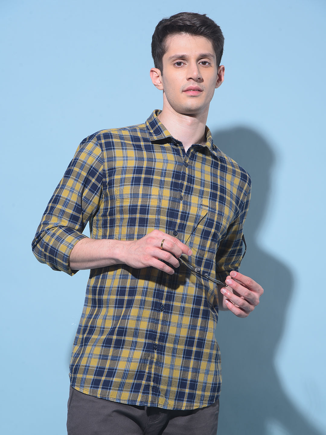 Yellow Tartan Check 100% Cotton Shirt-Men Shirts-Crimsoune Club