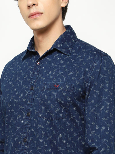 Navy Blue Floral Print 100% Cotton Shirt-Men Shirts-Crimsoune Club