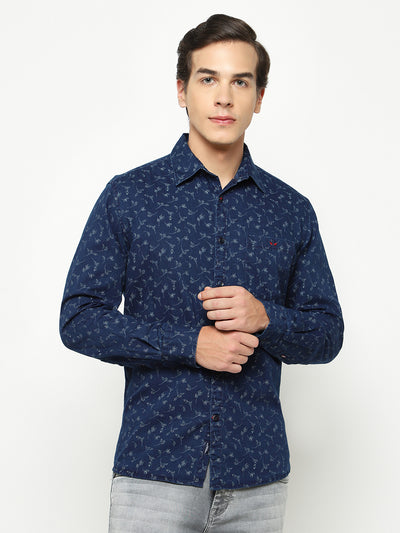 Navy Blue Floral Print 100% Cotton Shirt-Men Shirts-Crimsoune Club