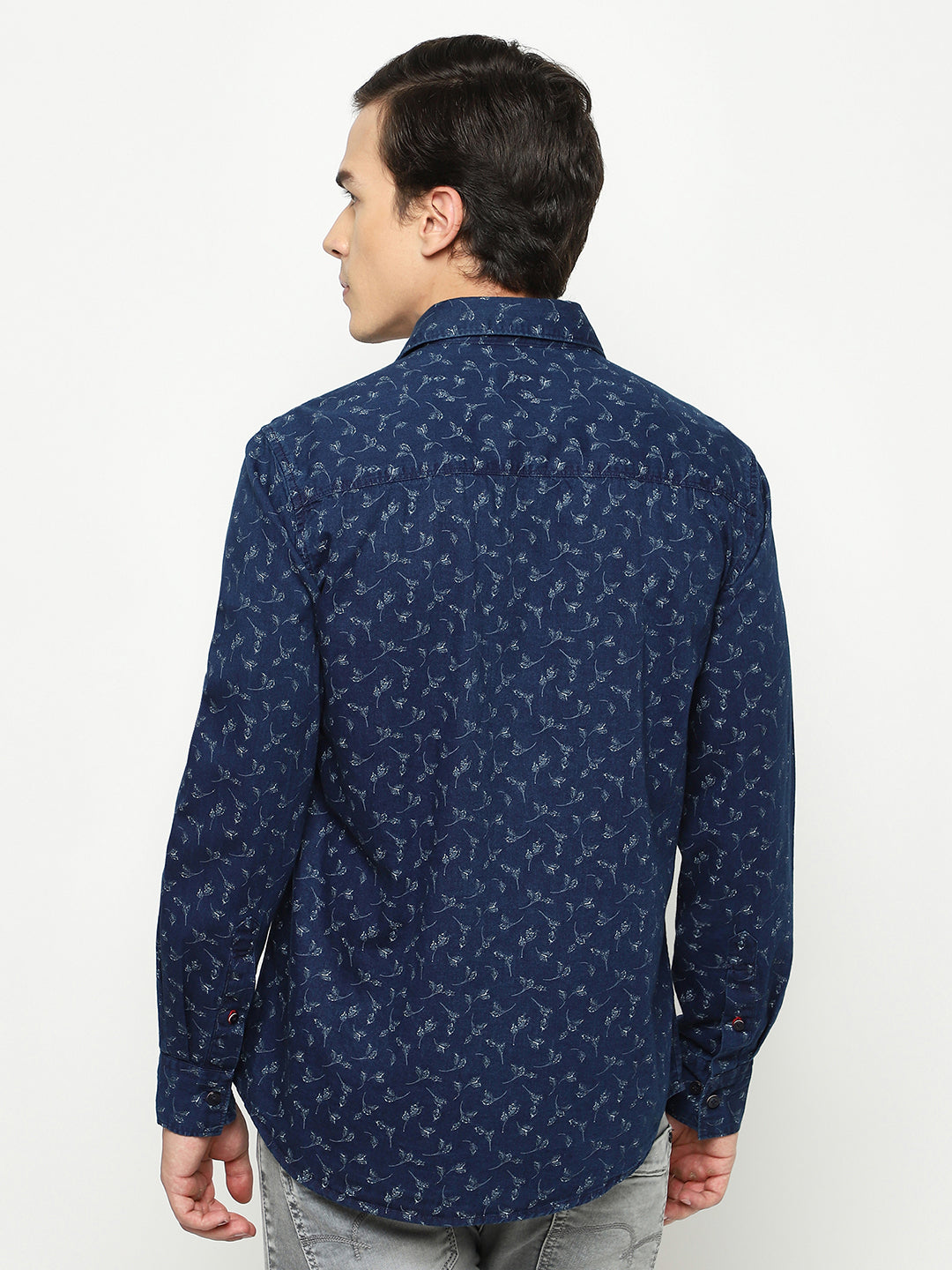 Navy Blue Floral Print 100% Cotton Shirt-Men Shirts-Crimsoune Club