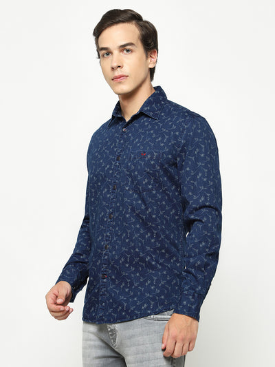 Navy Blue Floral Print 100% Cotton Shirt-Men Shirts-Crimsoune Club