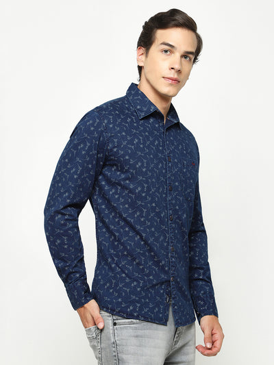 Navy Blue Floral Print 100% Cotton Shirt-Men Shirts-Crimsoune Club