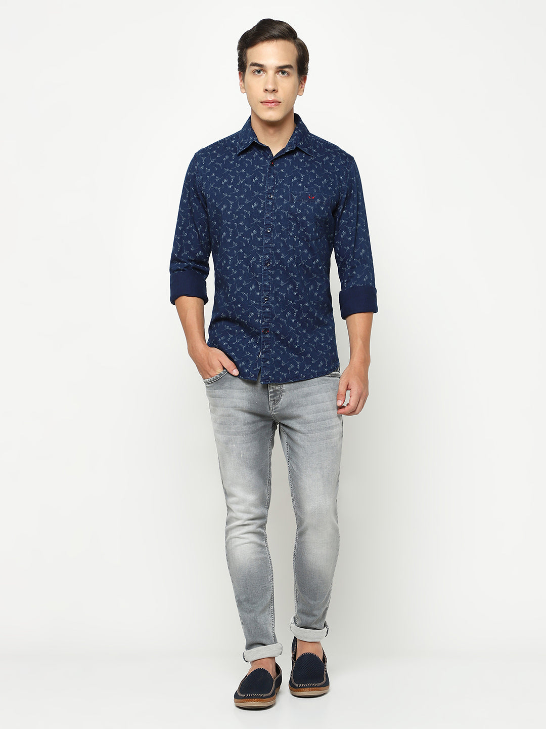 Navy Blue Floral Print 100% Cotton Shirt-Men Shirts-Crimsoune Club