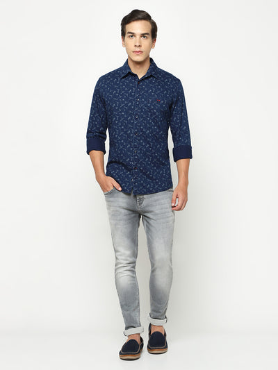 Navy Blue Floral Print 100% Cotton Shirt-Men Shirts-Crimsoune Club