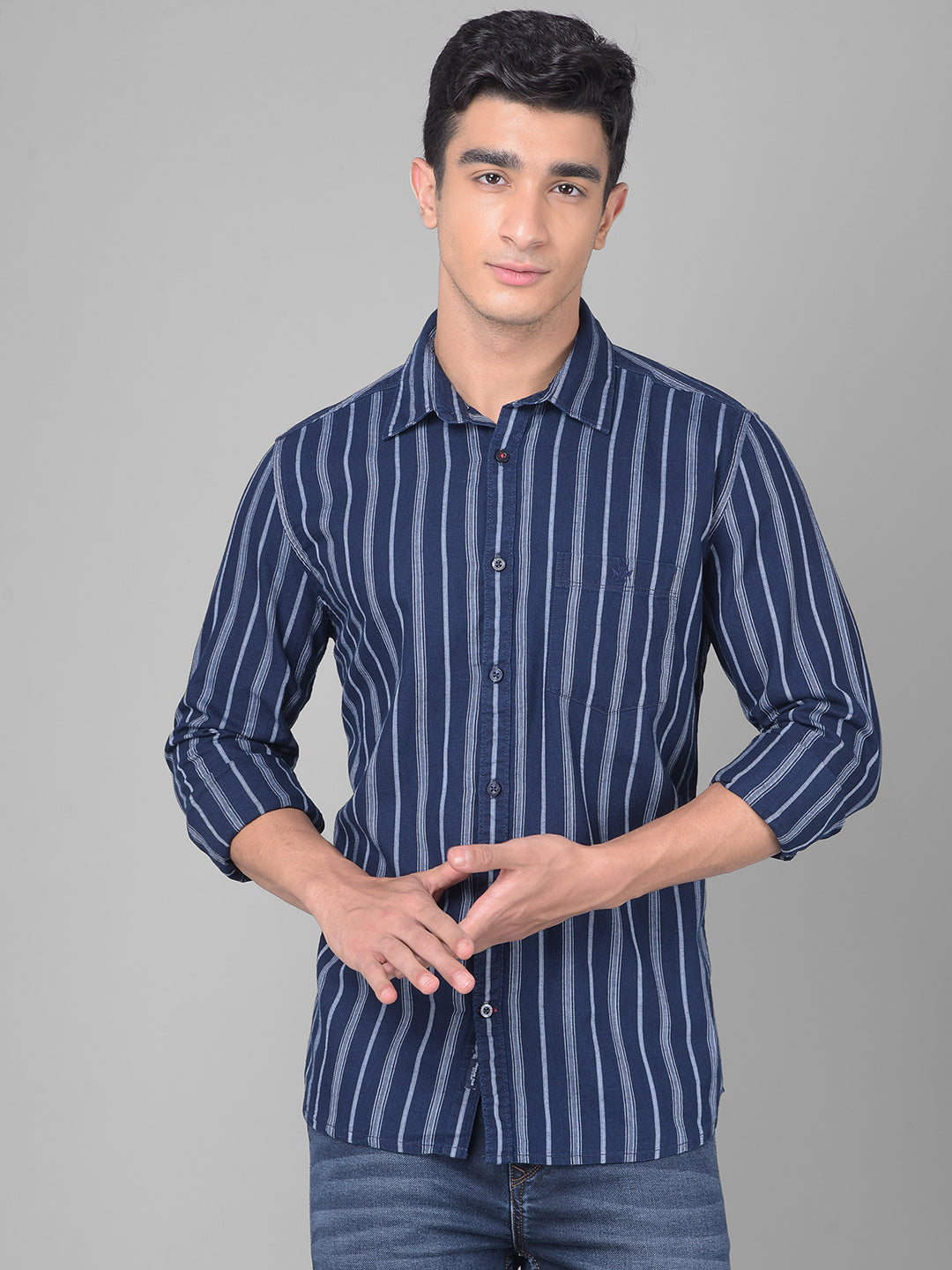 Navy Blue Striped Shirt-Men Shirts-Crimsoune Club