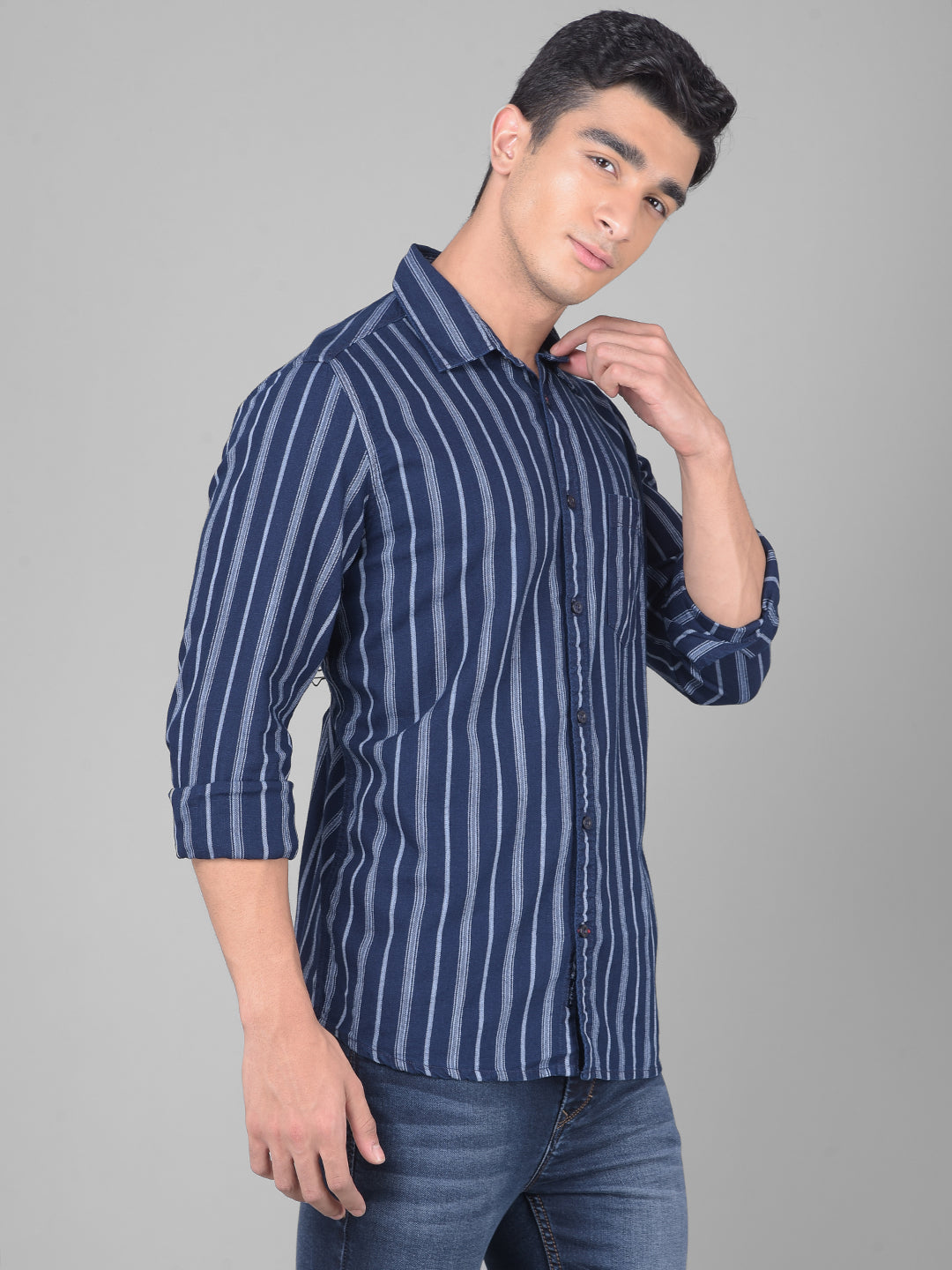 Navy Blue Striped Shirt-Men Shirts-Crimsoune Club