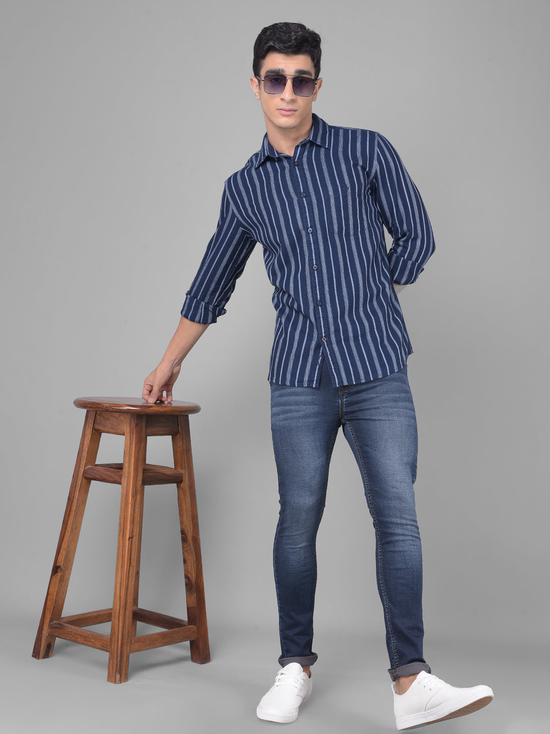 Navy Blue Striped Shirt-Men Shirts-Crimsoune Club