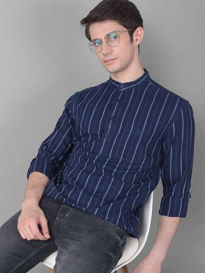 Navy Blue Striped Kurta-Men Kurtas-Crimsoune Club