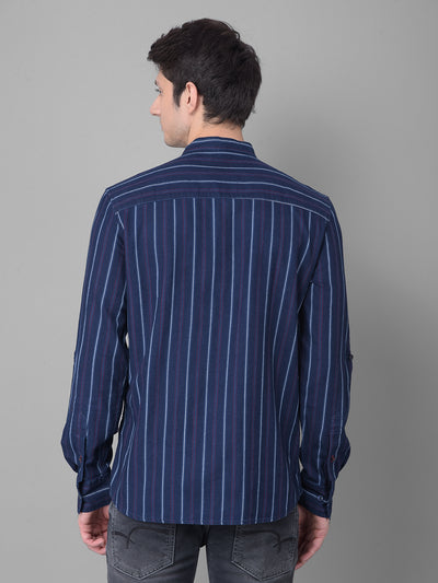 Navy Blue Striped Kurta-Men Kurtas-Crimsoune Club