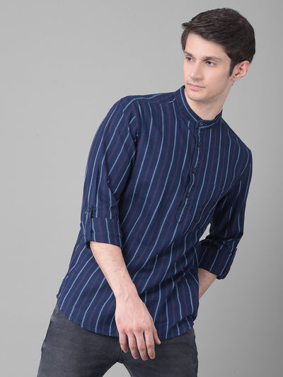 Navy Blue Striped Kurta-Men Kurtas-Crimsoune Club