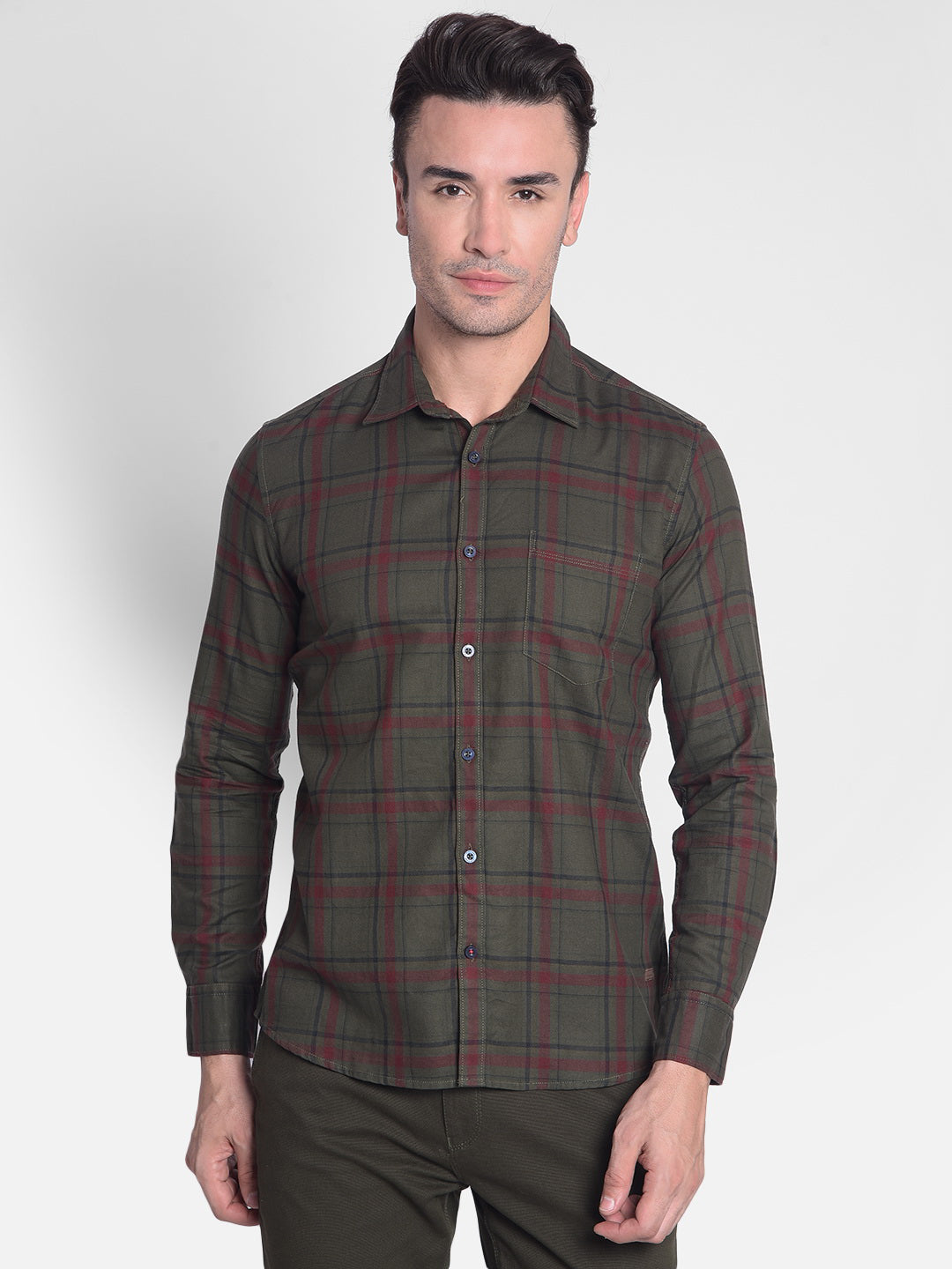 Olive Checked Shirt-Men shirts-Crimsoune Club