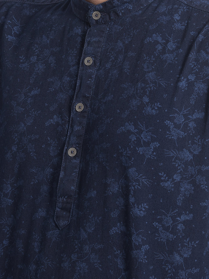 Navy Blue Floral Kurta-Men Kurtas-Crimsoune Club