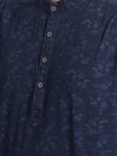 Navy Blue Floral Kurta-Men Kurtas-Crimsoune Club