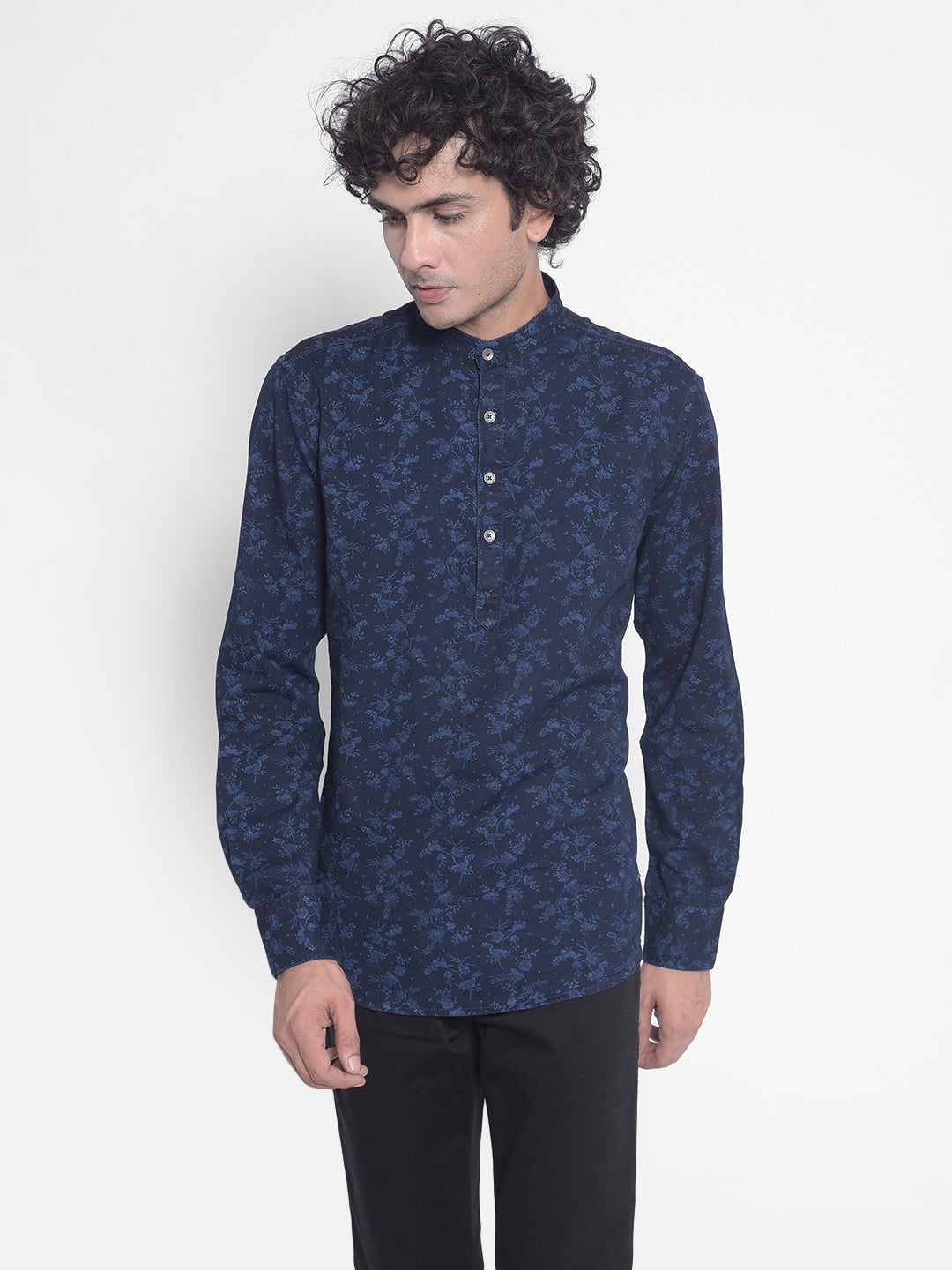 Navy Blue Floral Kurta-Men Kurtas-Crimsoune Club