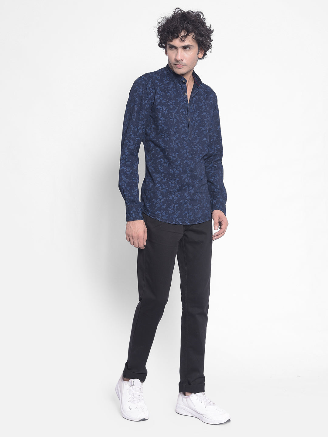 Navy Blue Floral Kurta-Men Kurtas-Crimsoune Club