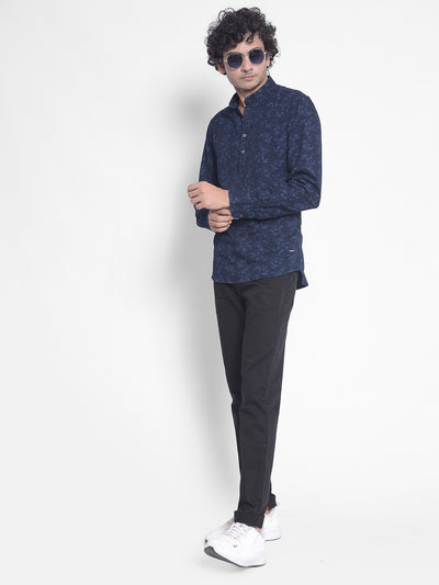 Navy Blue Floral Kurta-Men Kurtas-Crimsoune Club