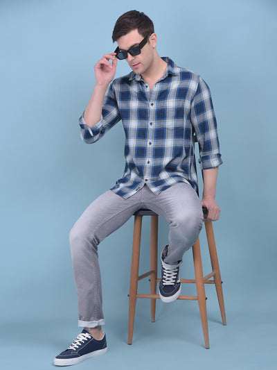 Blue Tartan Check 100% Cotton Shirt-Men Shirts-Crimsoune Club