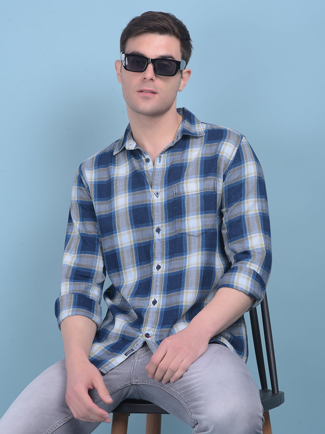 Blue Tartan Check 100% Cotton Shirt-Men Shirts-Crimsoune Club