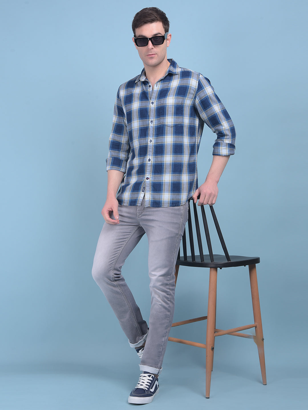 Blue Tartan Check 100% Cotton Shirt-Men Shirts-Crimsoune Club