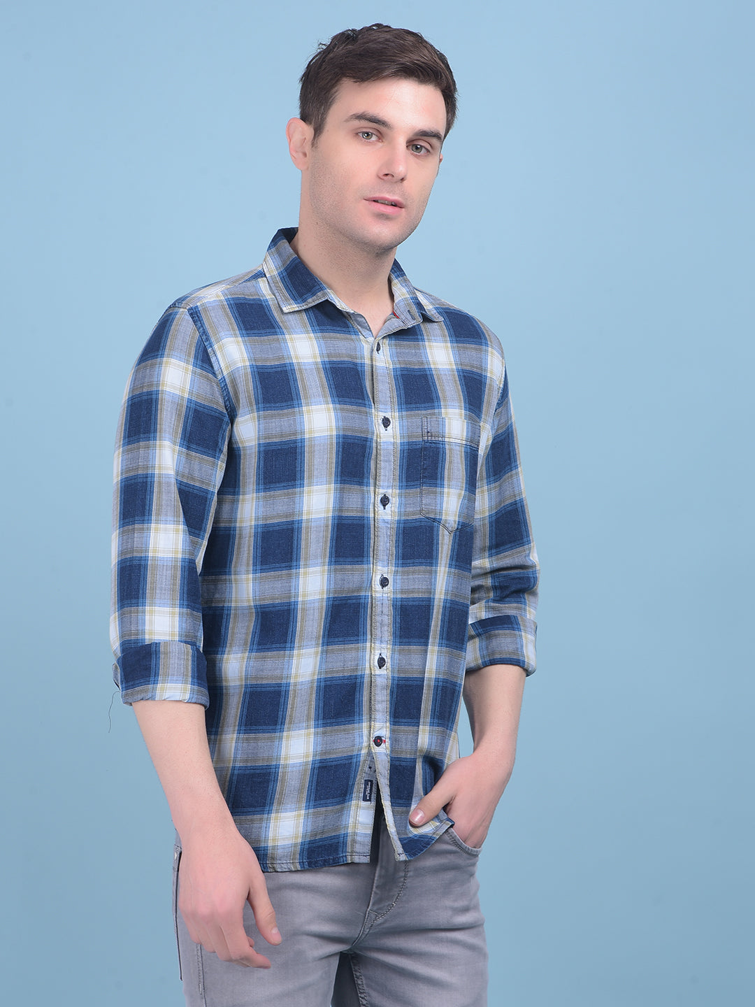 Blue Tartan Check 100% Cotton Shirt-Men Shirts-Crimsoune Club