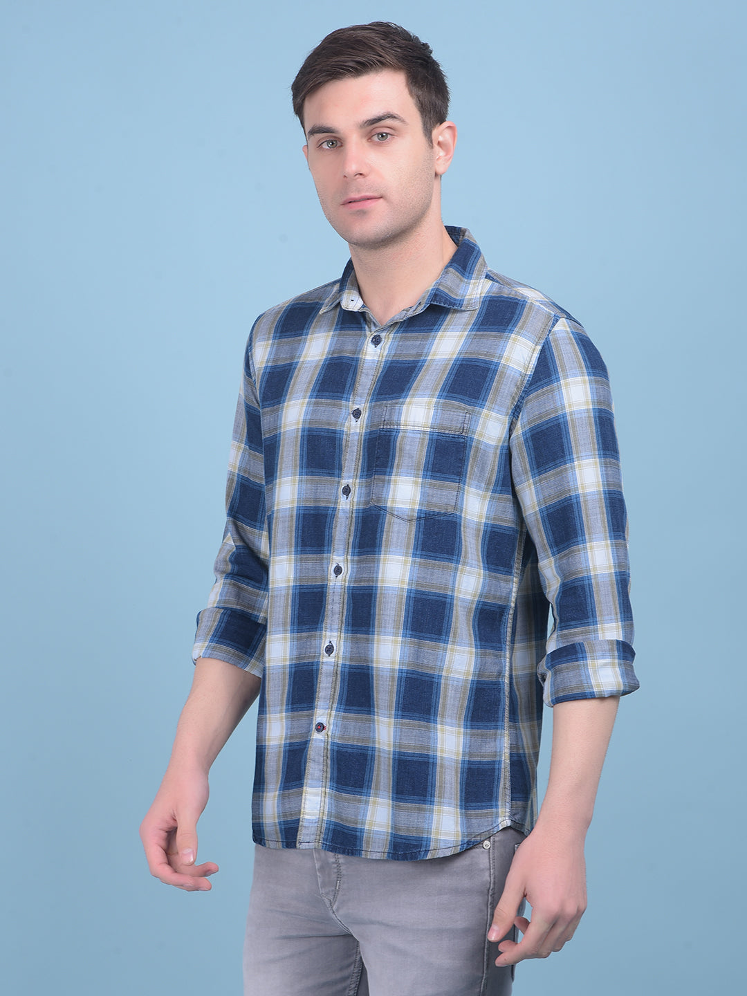 Blue Tartan Check 100% Cotton Shirt-Men Shirts-Crimsoune Club