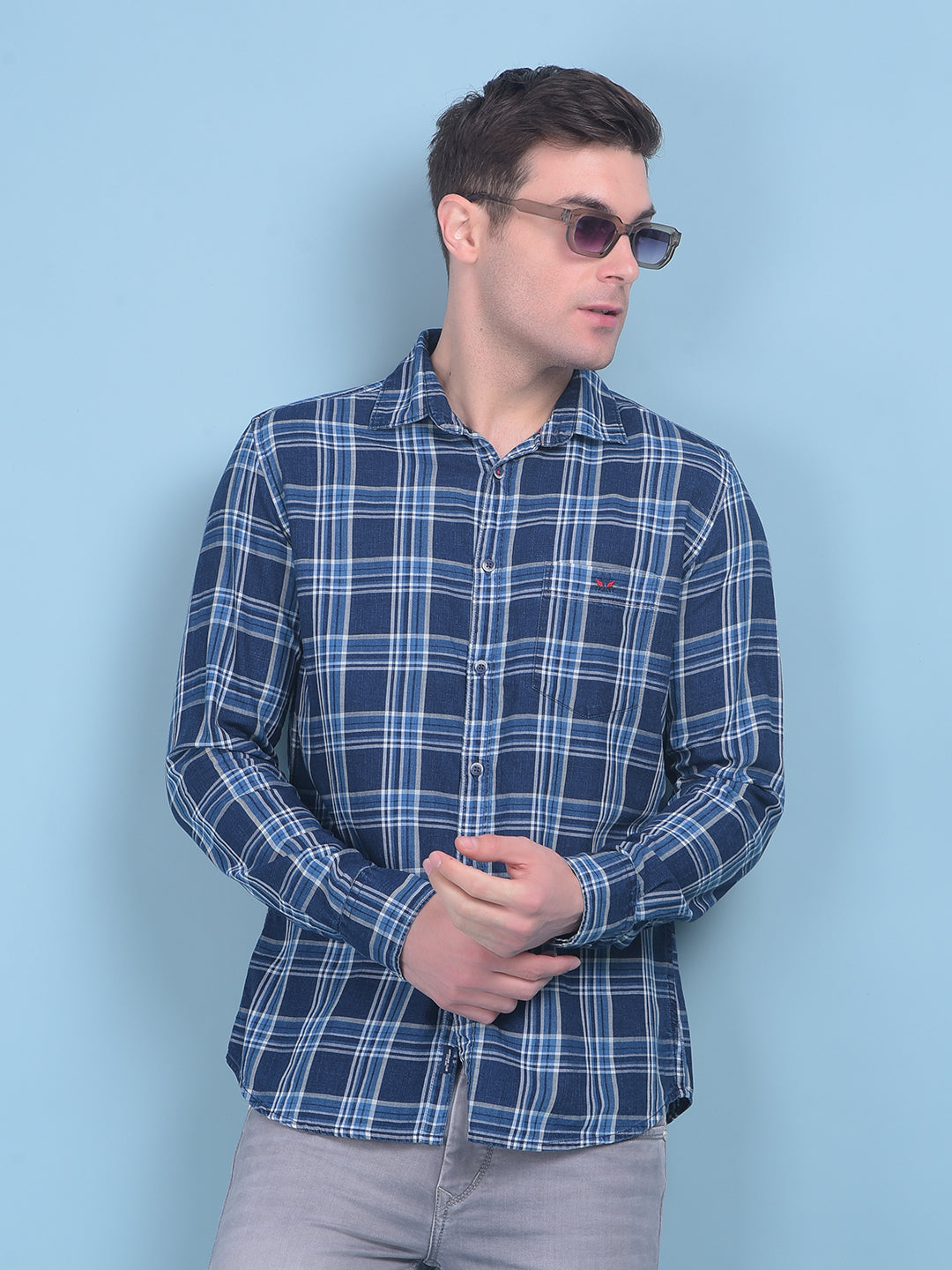 Navy Blue Tartan Check 100% Cotton Shirt-Men Shirts-Crimsoune Club