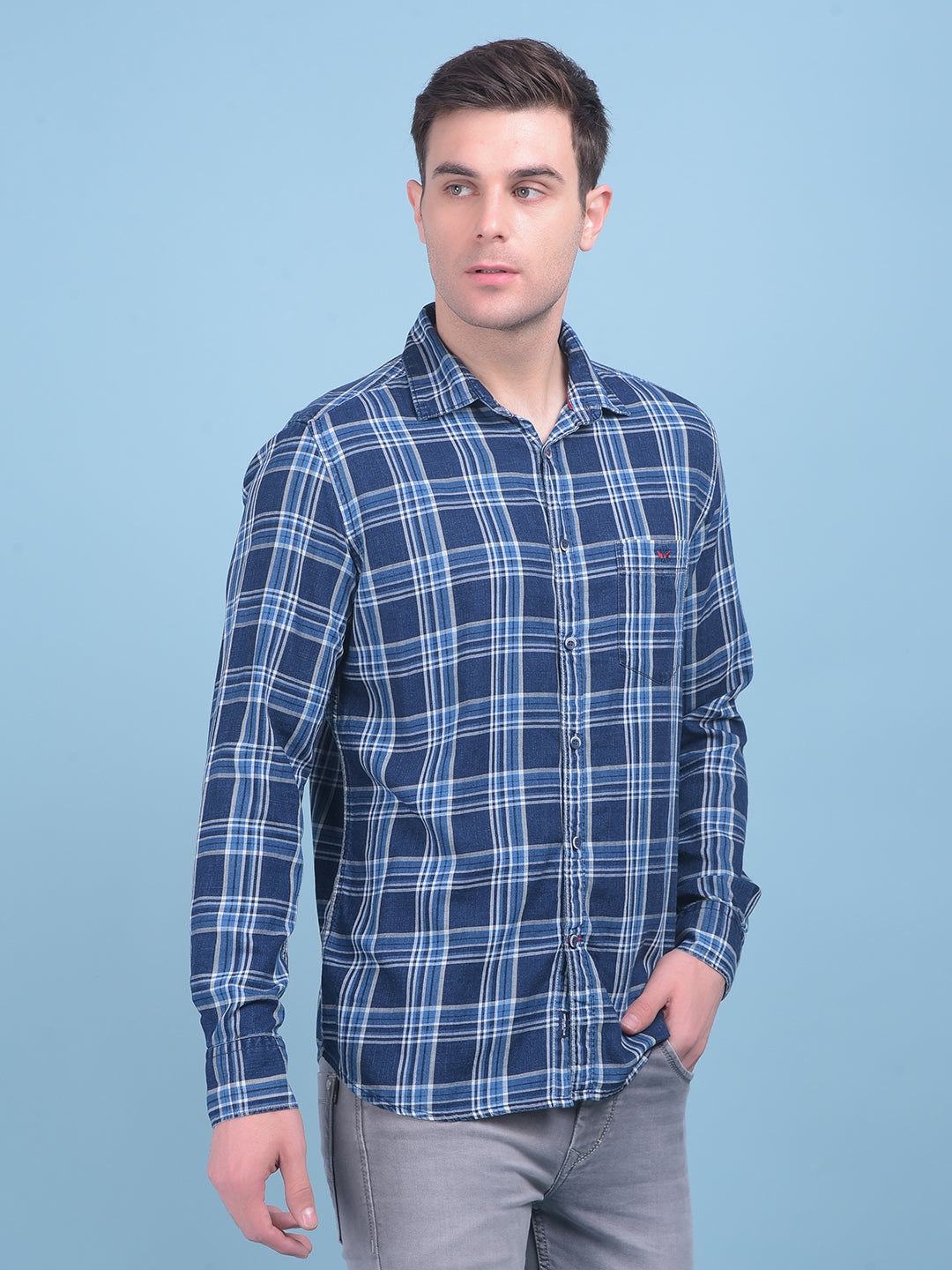 Navy Blue Tartan Check 100% Cotton Shirt-Men Shirts-Crimsoune Club