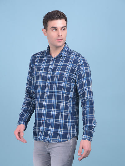 Navy Blue Tartan Check 100% Cotton Shirt-Men Shirts-Crimsoune Club