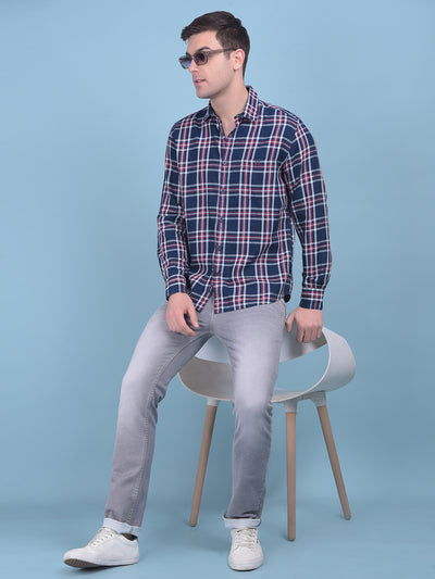 Navy Blue Tartan Check 100% Cotton Shirt-Men Shirts-Crimsoune Club