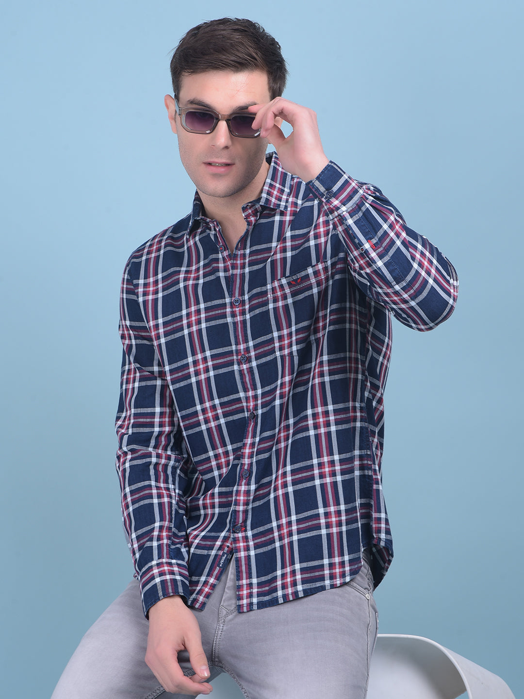 Navy Blue Tartan Check 100% Cotton Shirt-Men Shirts-Crimsoune Club