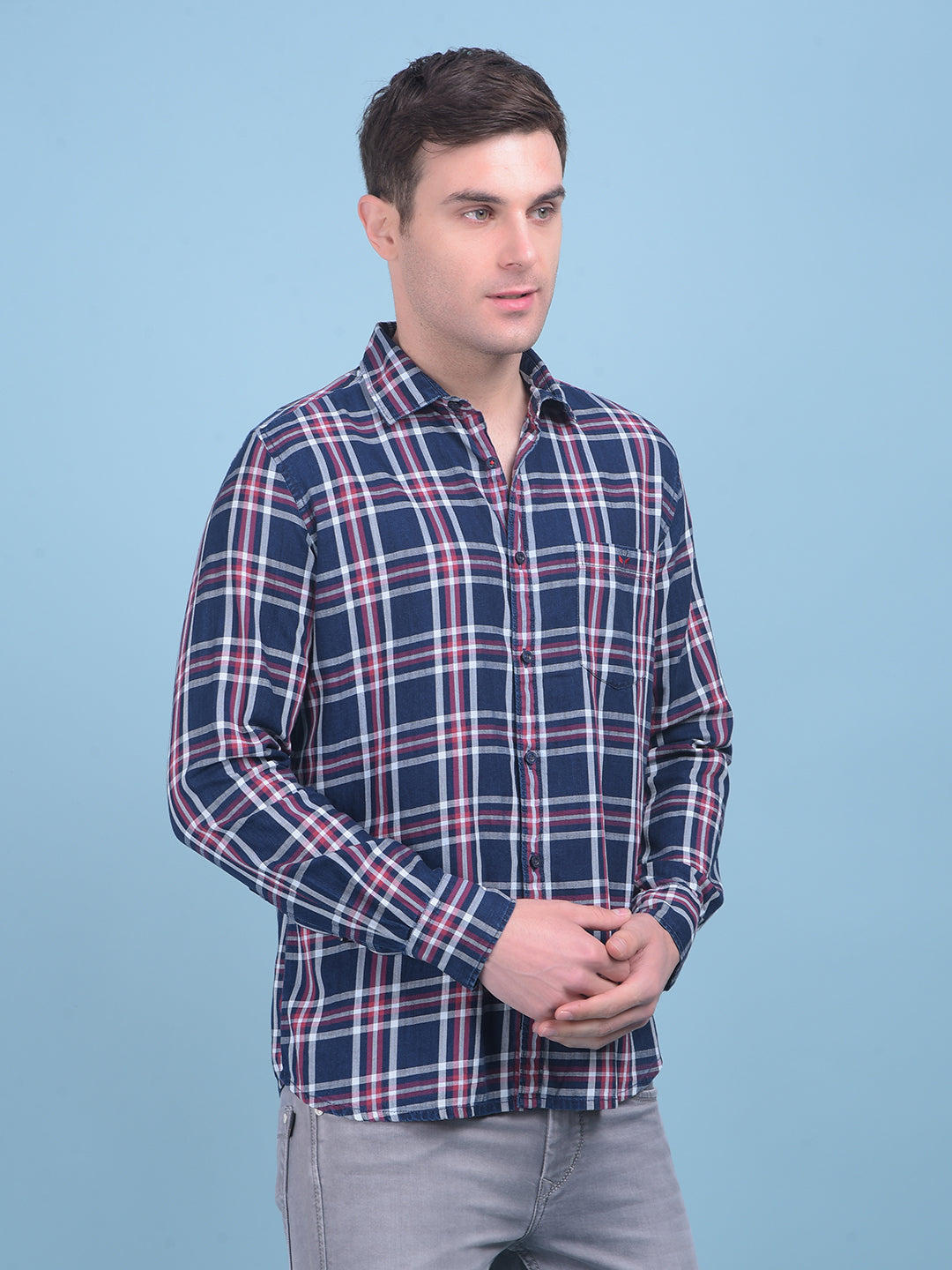 Navy Blue Tartan Check 100% Cotton Shirt-Men Shirts-Crimsoune Club