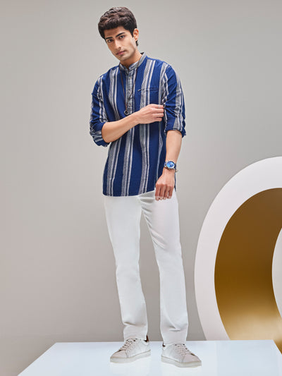 Navy Blue Vertical Striped 100% Cotton Kurta-Men Kurtas-Crimsoune Club