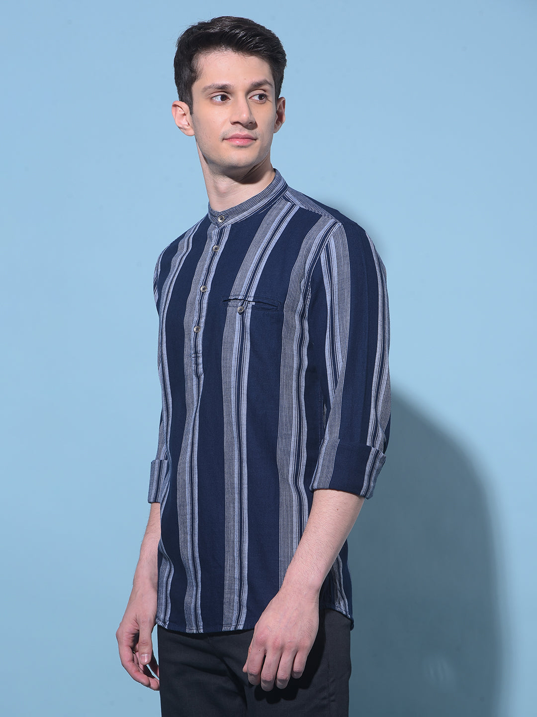 Navy Blue Vertical Striped 100% Cotton Kurta-Men Kurtas-Crimsoune Club