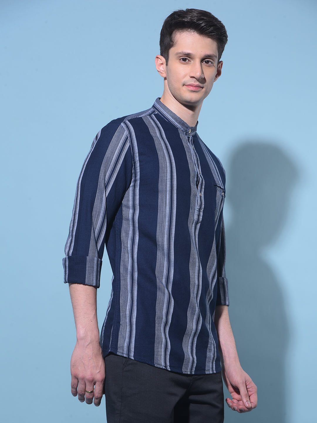 Navy Blue Vertical Striped 100% Cotton Kurta-Men Kurtas-Crimsoune Club