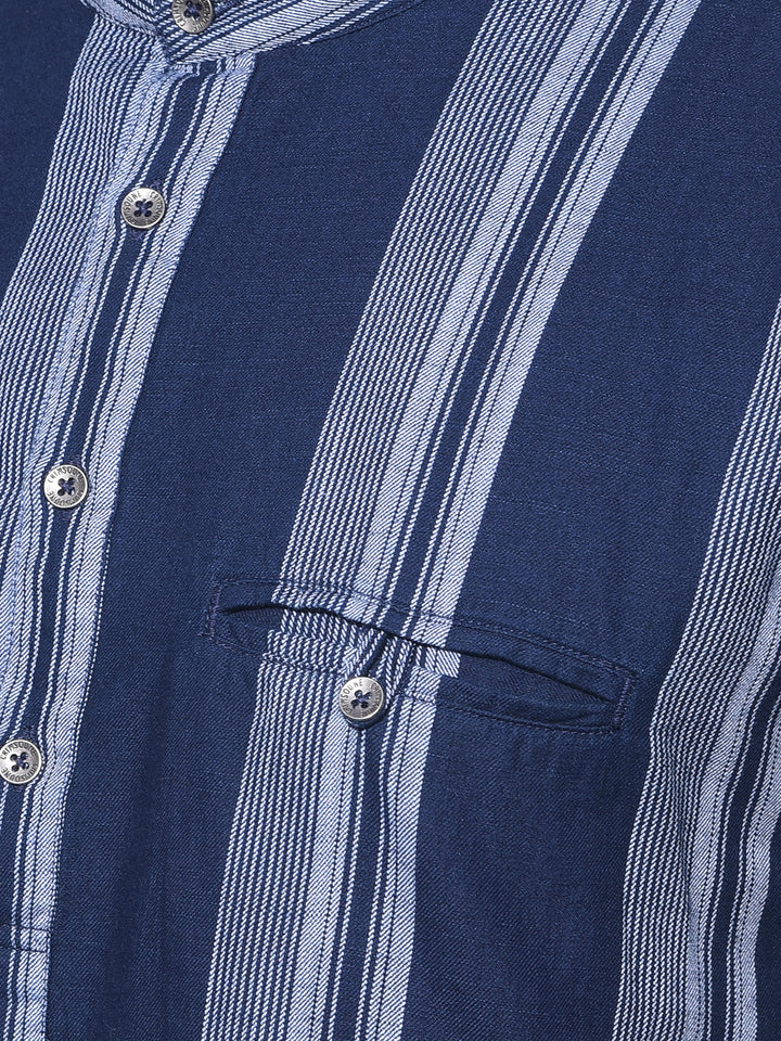 Navy Blue Vertical Striped 100% Cotton Kurta-Men Kurtas-Crimsoune Club