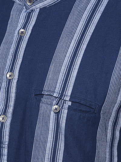 Navy Blue Vertical Striped 100% Cotton Kurta-Men Kurtas-Crimsoune Club