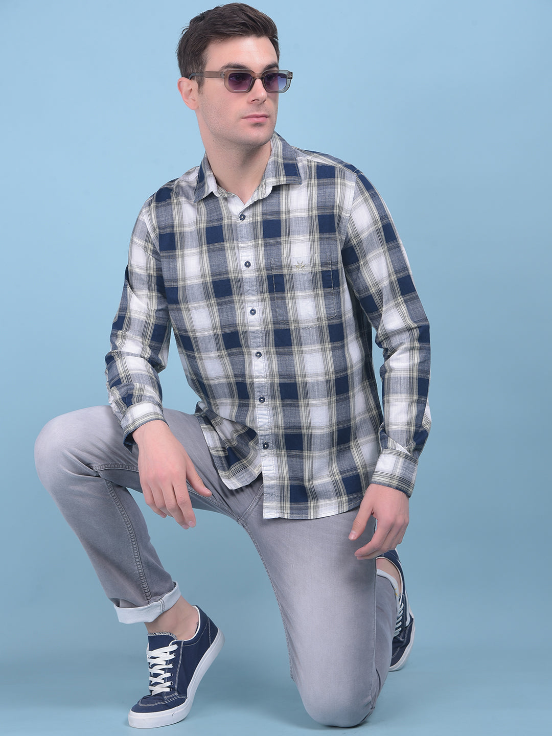 Blue Tartan Check 100% Cotton Shirt-Men Shirts-Crimsoune Club