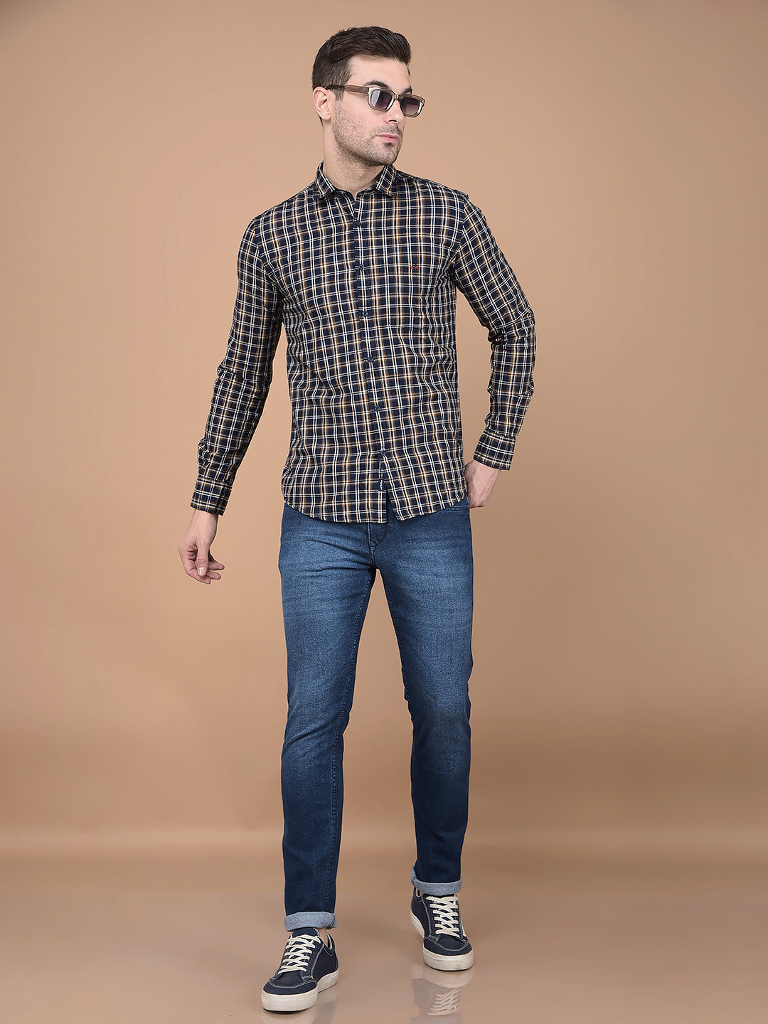 Mustard Checked 100% Cotton Shirt-Men Shirts-Crimsoune Club