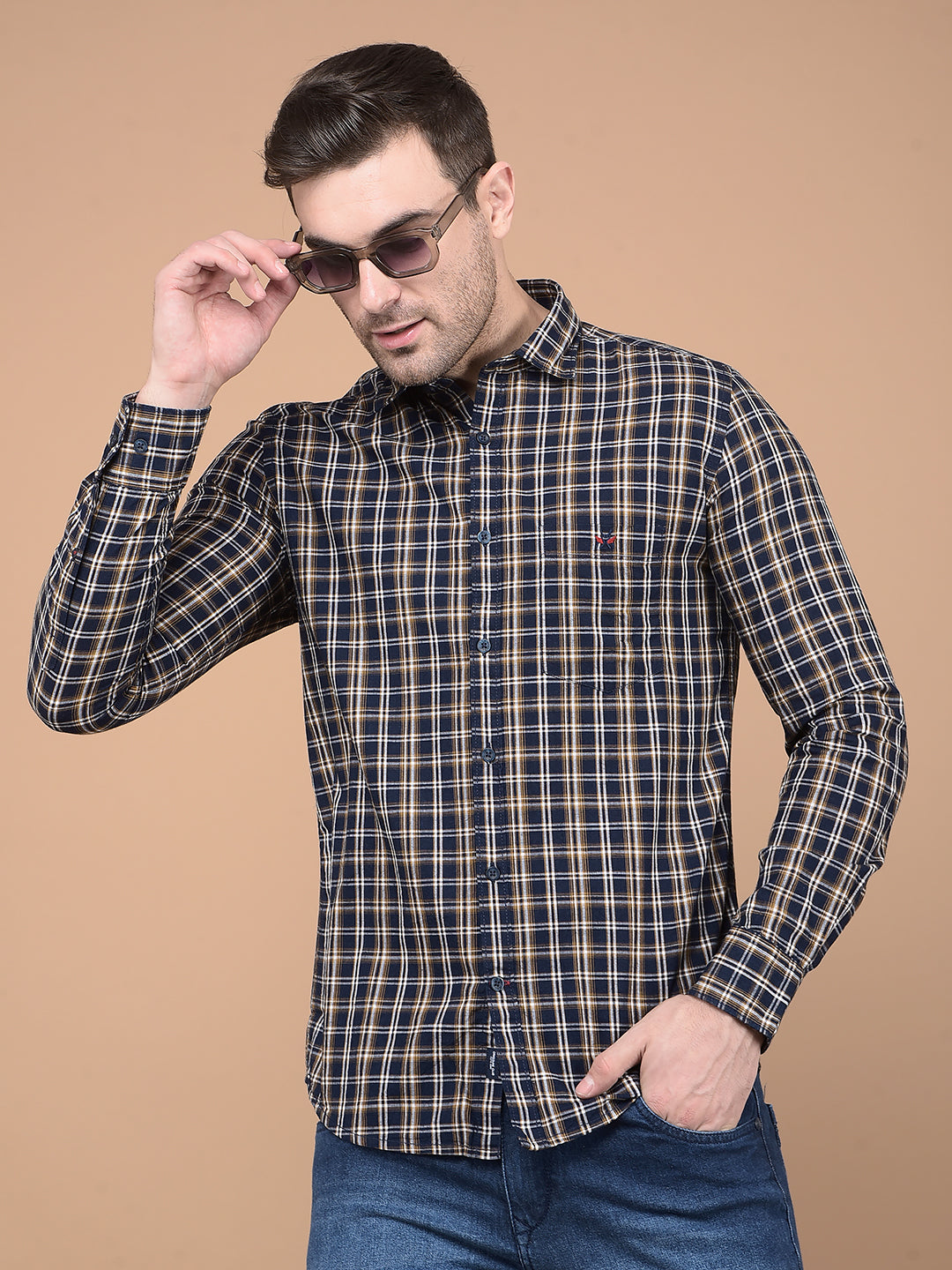 Mustard Checked 100% Cotton Shirt-Men Shirts-Crimsoune Club