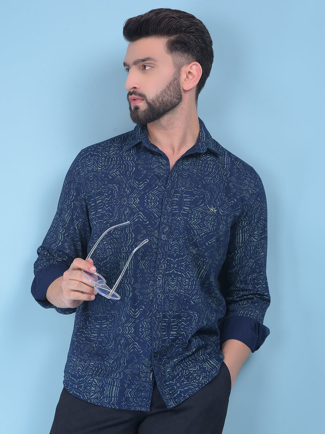 Printed Navy Blue 100% Cotton Shirt-Men Shirts-Crimsoune Club