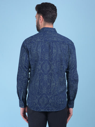 Printed Navy Blue 100% Cotton Shirt-Men Shirts-Crimsoune Club