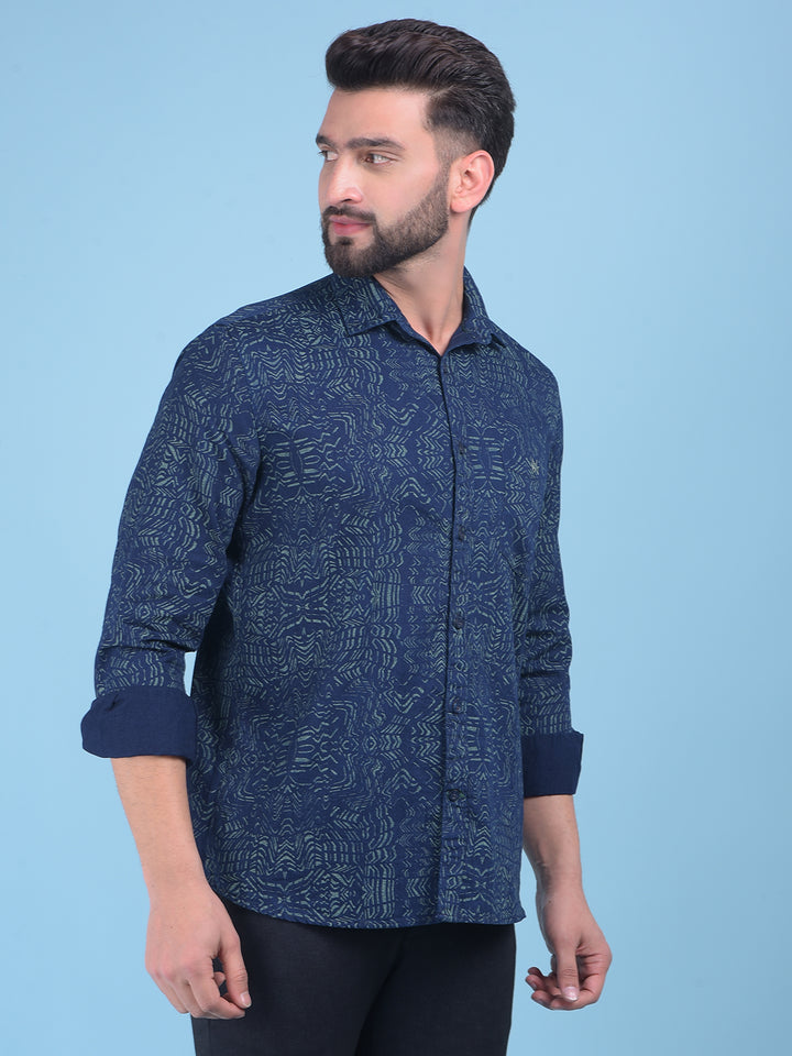 Printed Navy Blue 100% Cotton Shirt-Men Shirts-Crimsoune Club