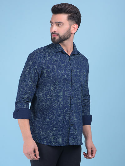 Printed Navy Blue 100% Cotton Shirt-Men Shirts-Crimsoune Club