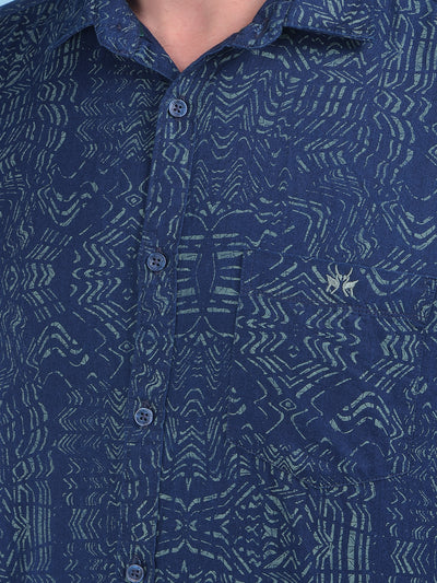 Printed Navy Blue 100% Cotton Shirt-Men Shirts-Crimsoune Club